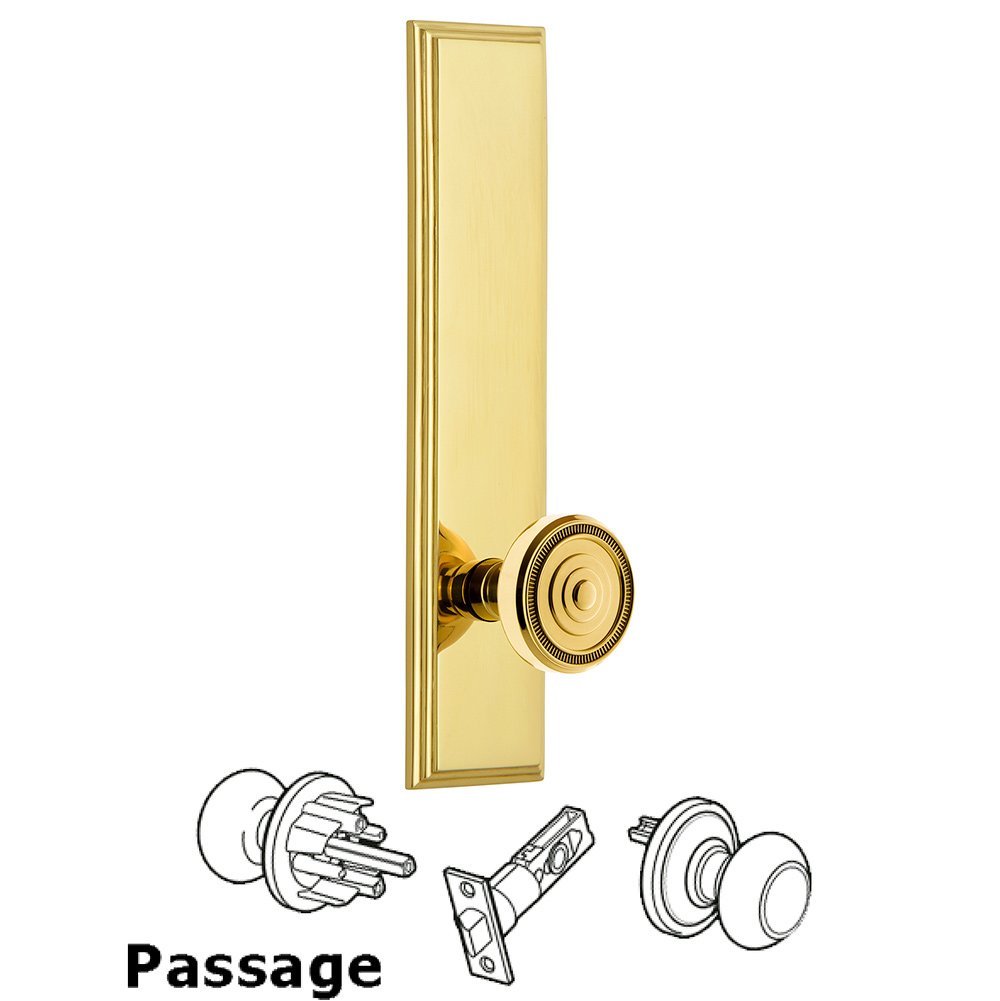 Grandeur Passage Carre Tall Plate with Soleil Knob in Polished Brass