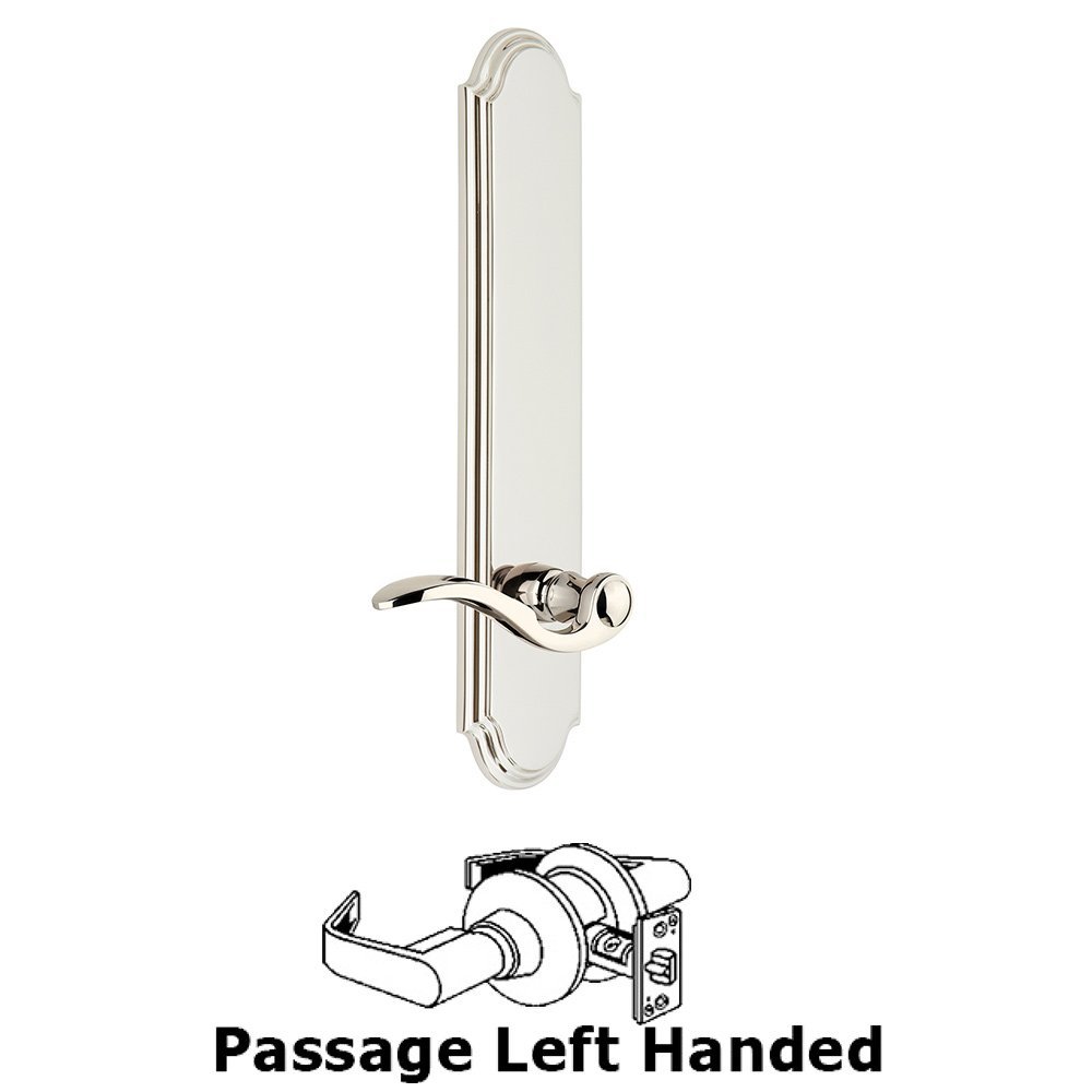 Grandeur Tall Plate Passage with Bellagio Left Handed Lever in Polished Nickel