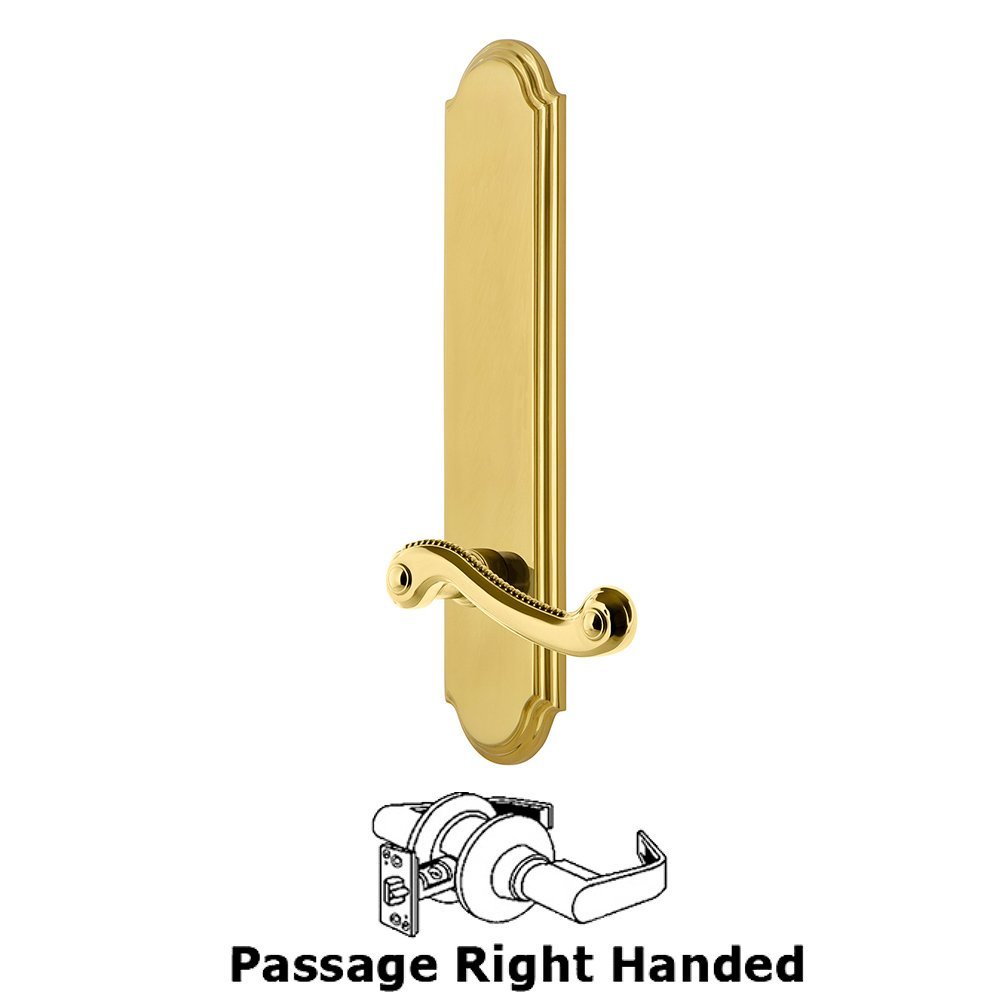 Grandeur Tall Plate Passage with Newport Right Handed Lever in Polished Brass