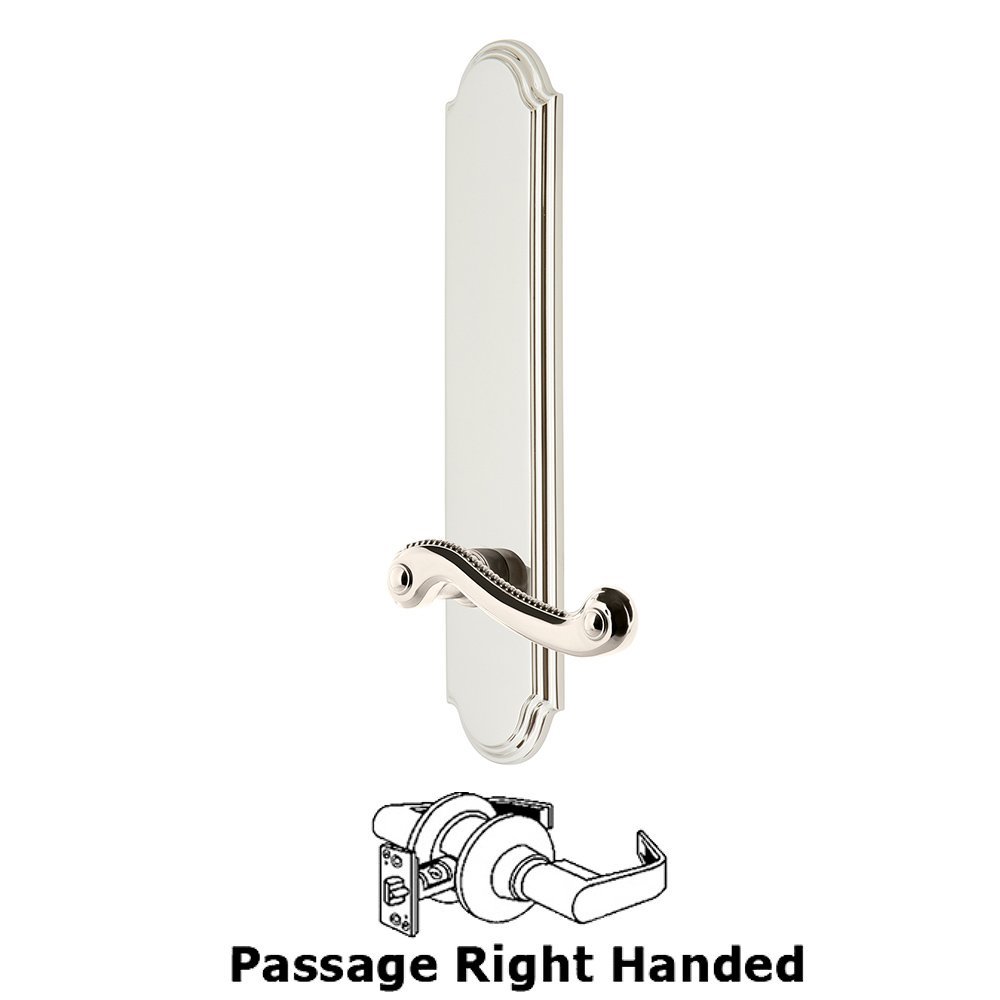 Grandeur Tall Plate Passage with Newport Right Handed Lever in Polished Nickel