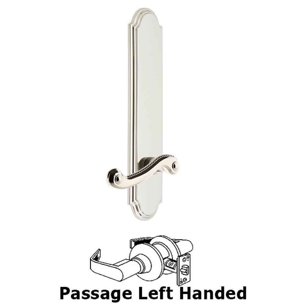 Grandeur Tall Plate Passage with Newport Left Handed Lever in Polished Nickel