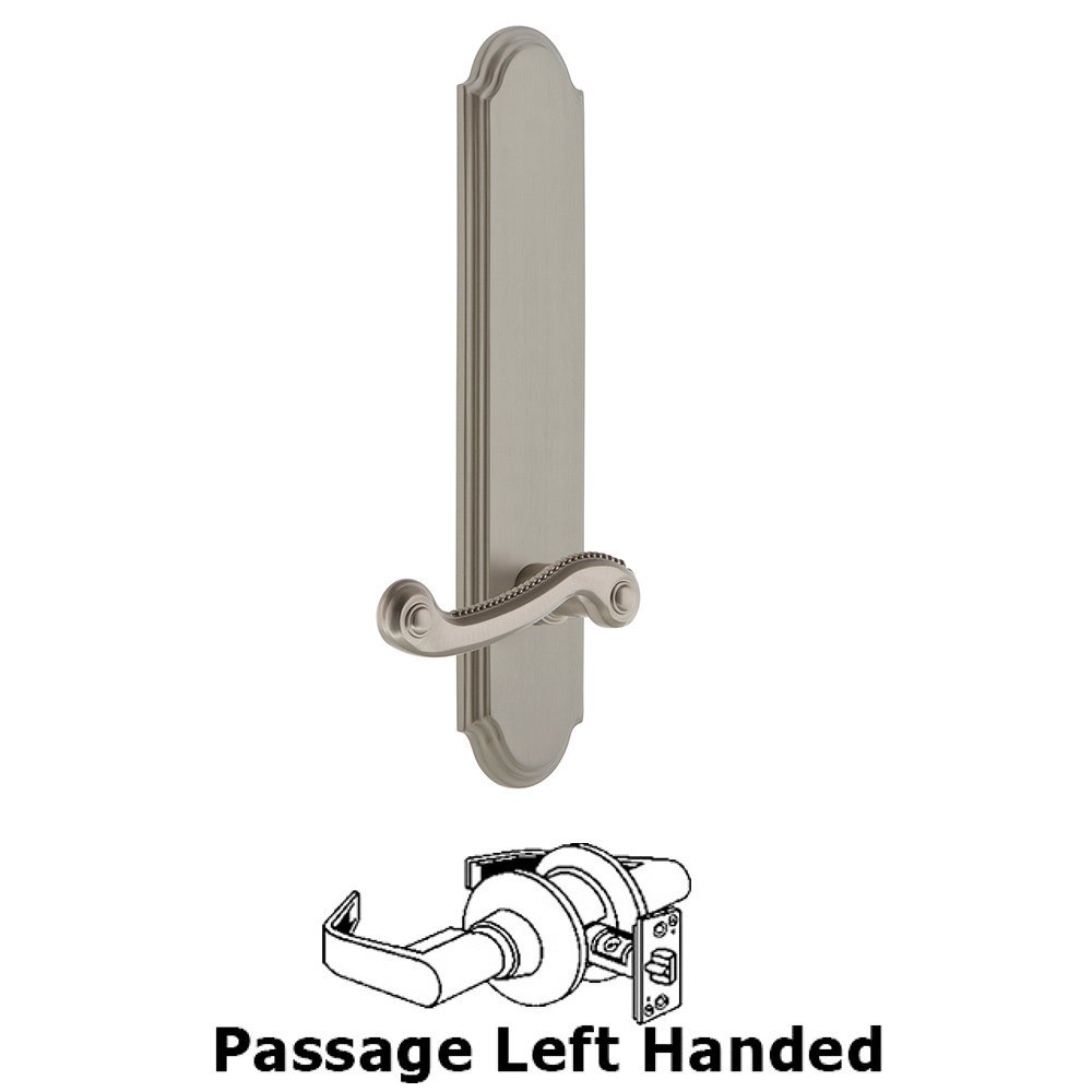 Grandeur Tall Plate Passage with Newport Left Handed Lever in Satin Nickel