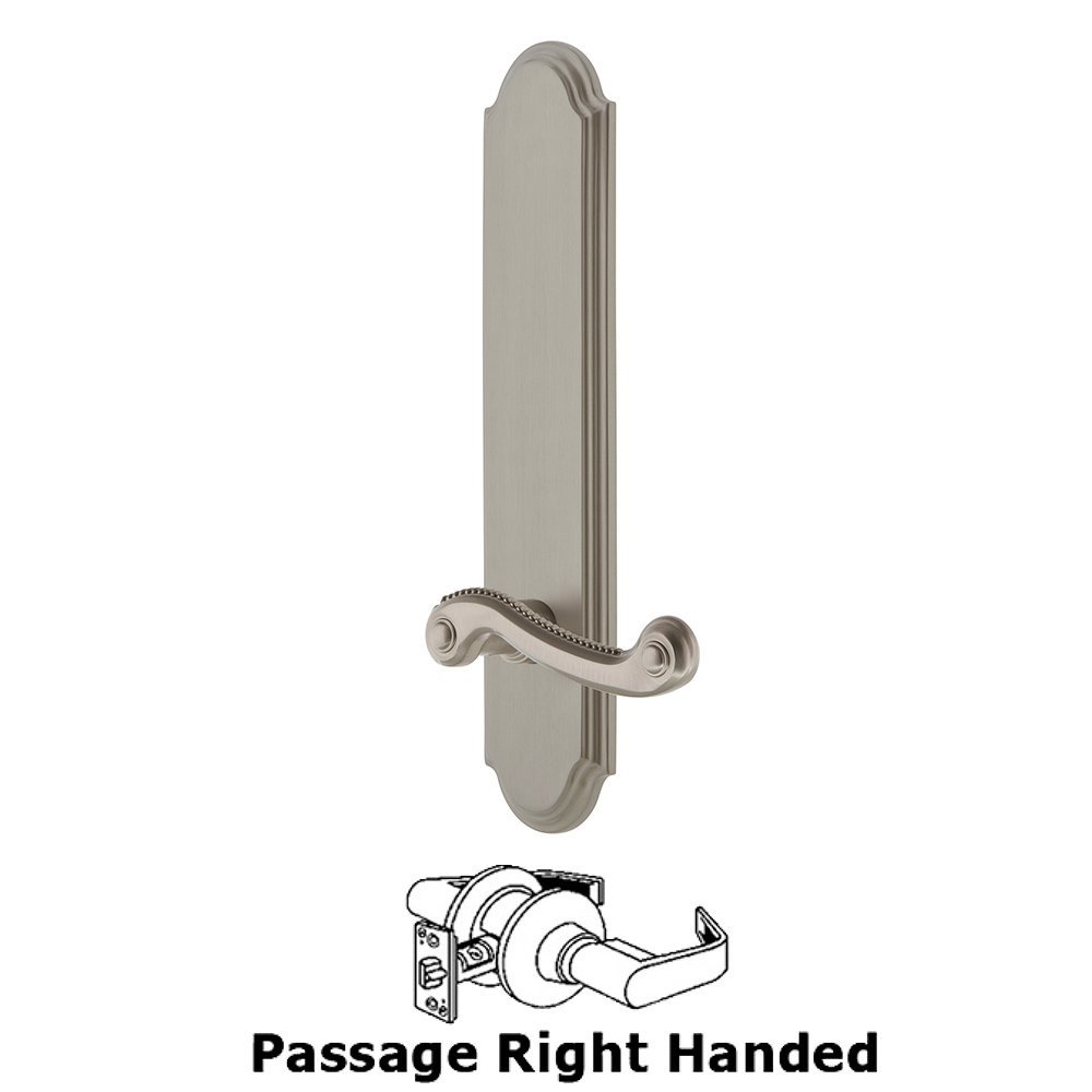 Grandeur Tall Plate Passage with Newport Right Handed Lever in Satin Nickel