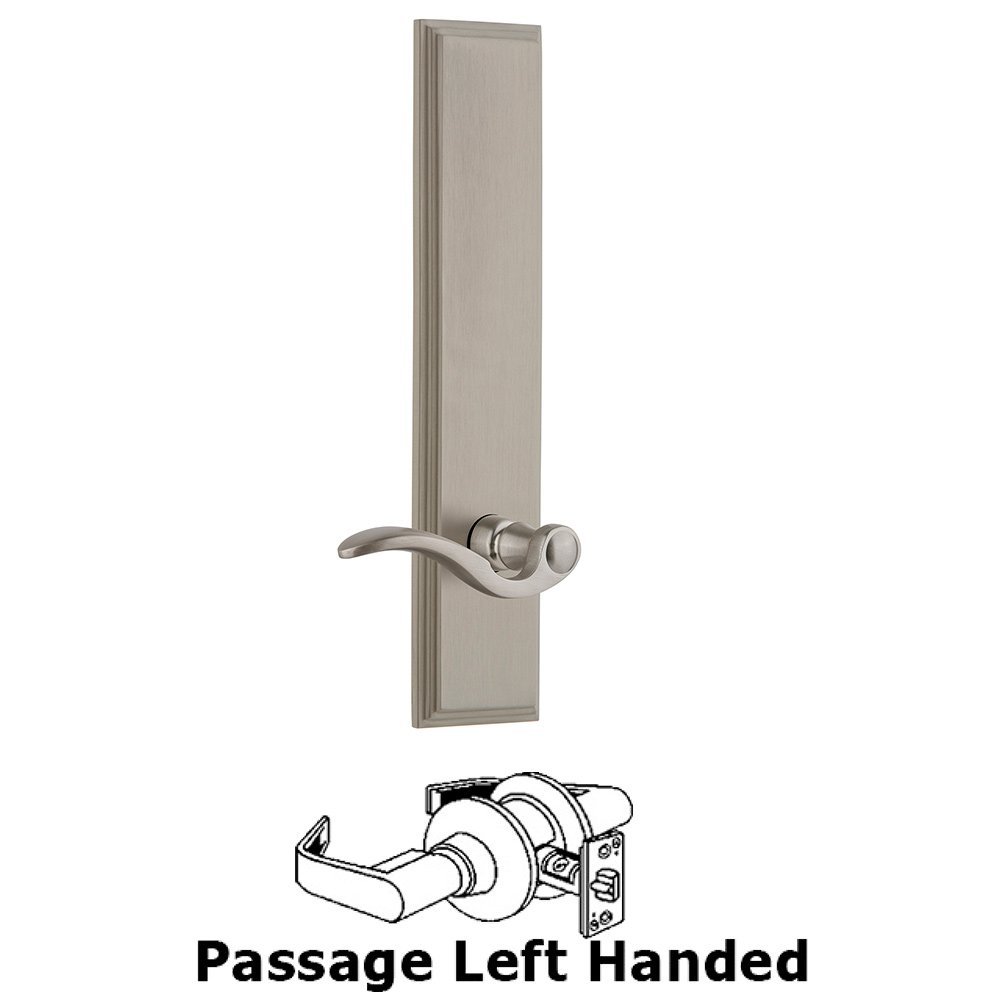 Grandeur Passage Carre Tall Plate with Bellagio Left Handed Lever in Satin Nickel
