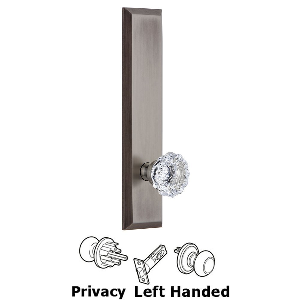 Grandeur Privacy Fifth Avenue Tall Plate with Fontainebleau Left Handed Knob in Antique Pewter