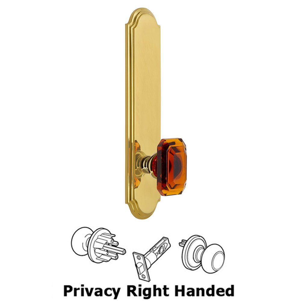 Grandeur Tall Plate Privacy with Baguette Amber Right Handed Knob in Polished Brass