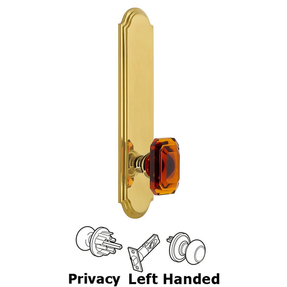 Grandeur Tall Plate Privacy with Baguette Amber Left Handed Knob in Polished Brass
