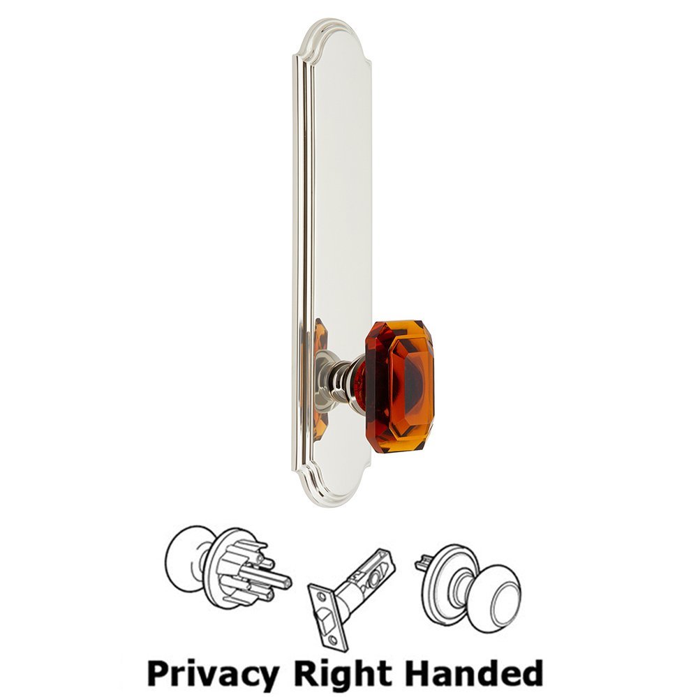 Grandeur Tall Plate Privacy with Baguette Amber Right Handed Knob in Polished Nickel