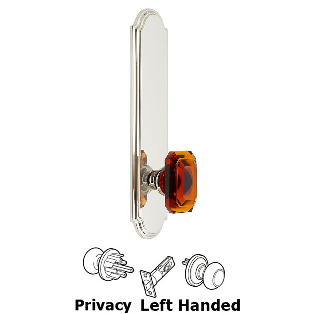 Grandeur Tall Plate Privacy with Baguette Amber Left Handed Knob in Polished Nickel