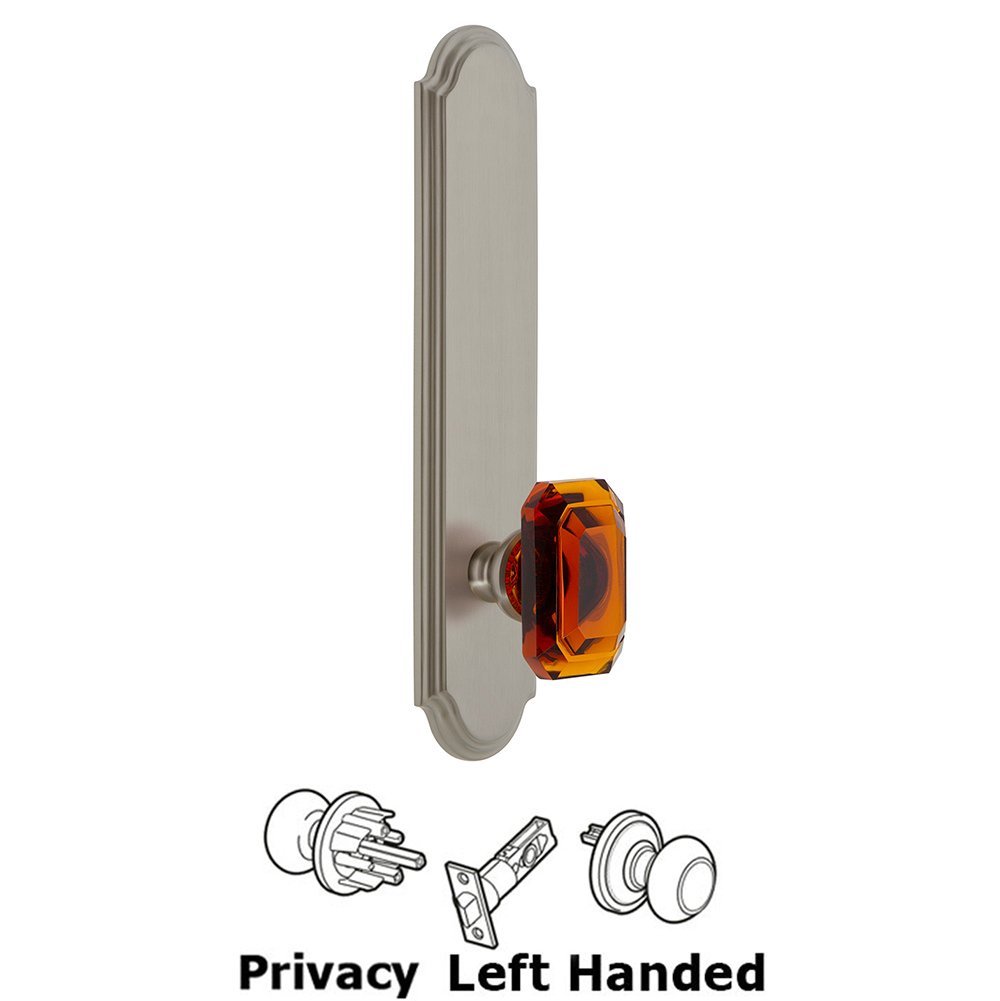Grandeur Tall Plate Privacy with Baguette Amber Left Handed Knob in Satin Nickel