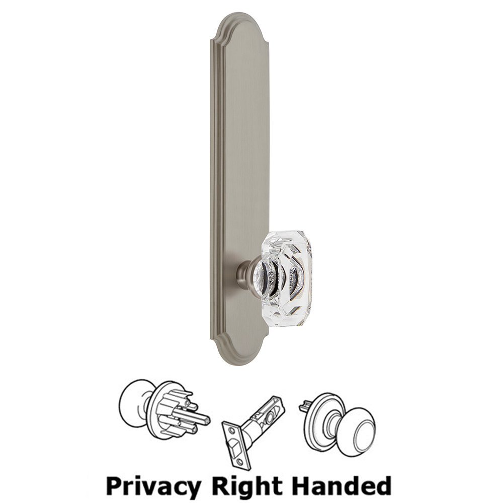 Grandeur Tall Plate Privacy with Baguette Clear Crystal Right Handed Knob in Satin Nickel