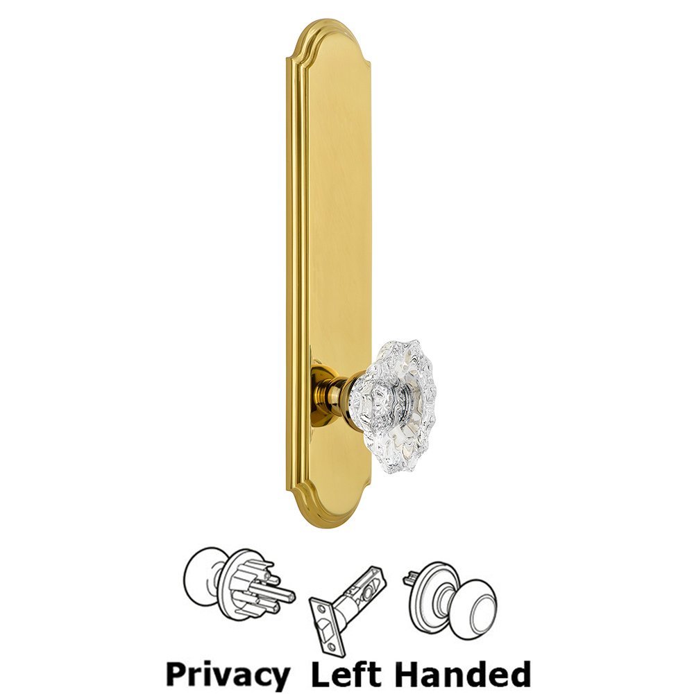 Grandeur Tall Plate Privacy with Biarritz Left Handed Knob in Lifetime Brass
