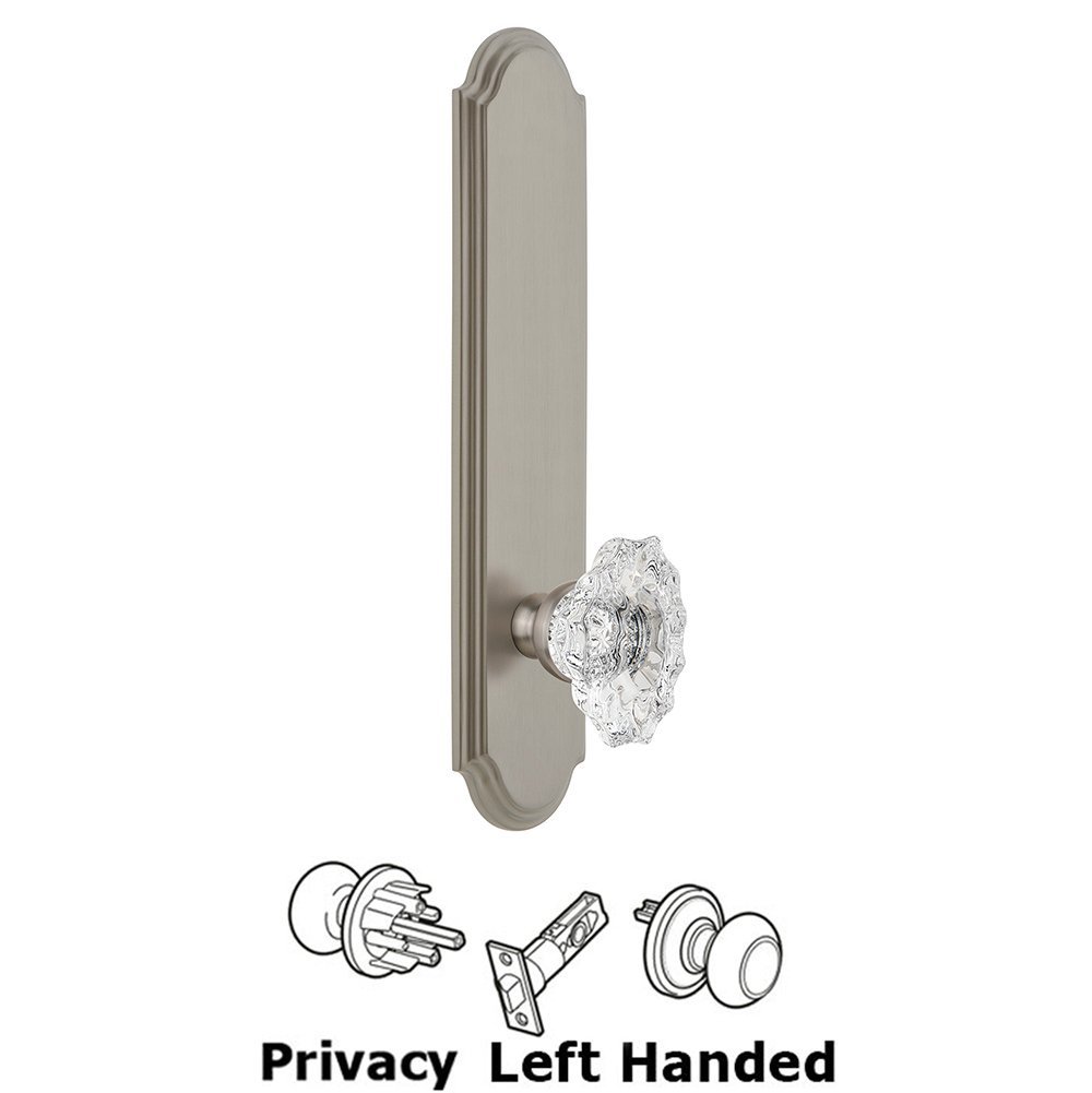 Grandeur Tall Plate Privacy with Biarritz Left Handed Knob in Satin Nickel
