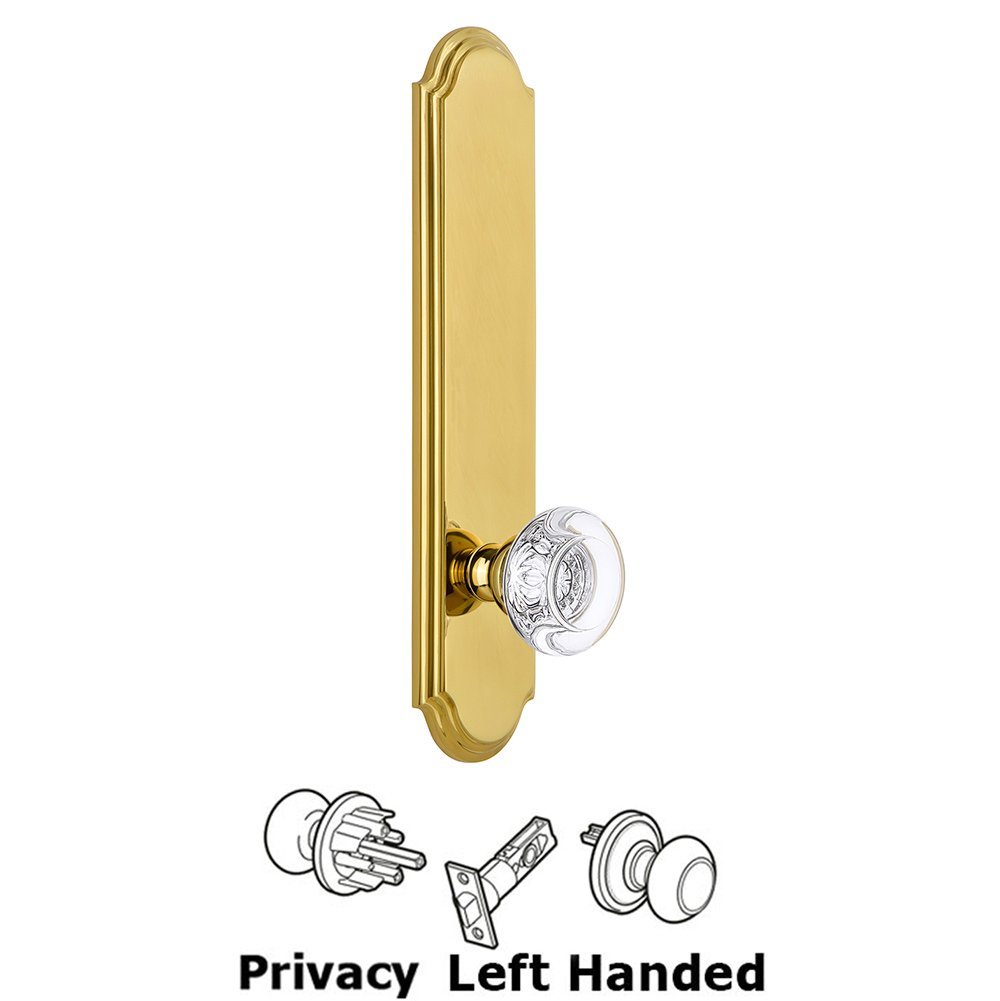 Grandeur Tall Plate Privacy with Bordeaux Left Handed Knob in Lifetime Brass