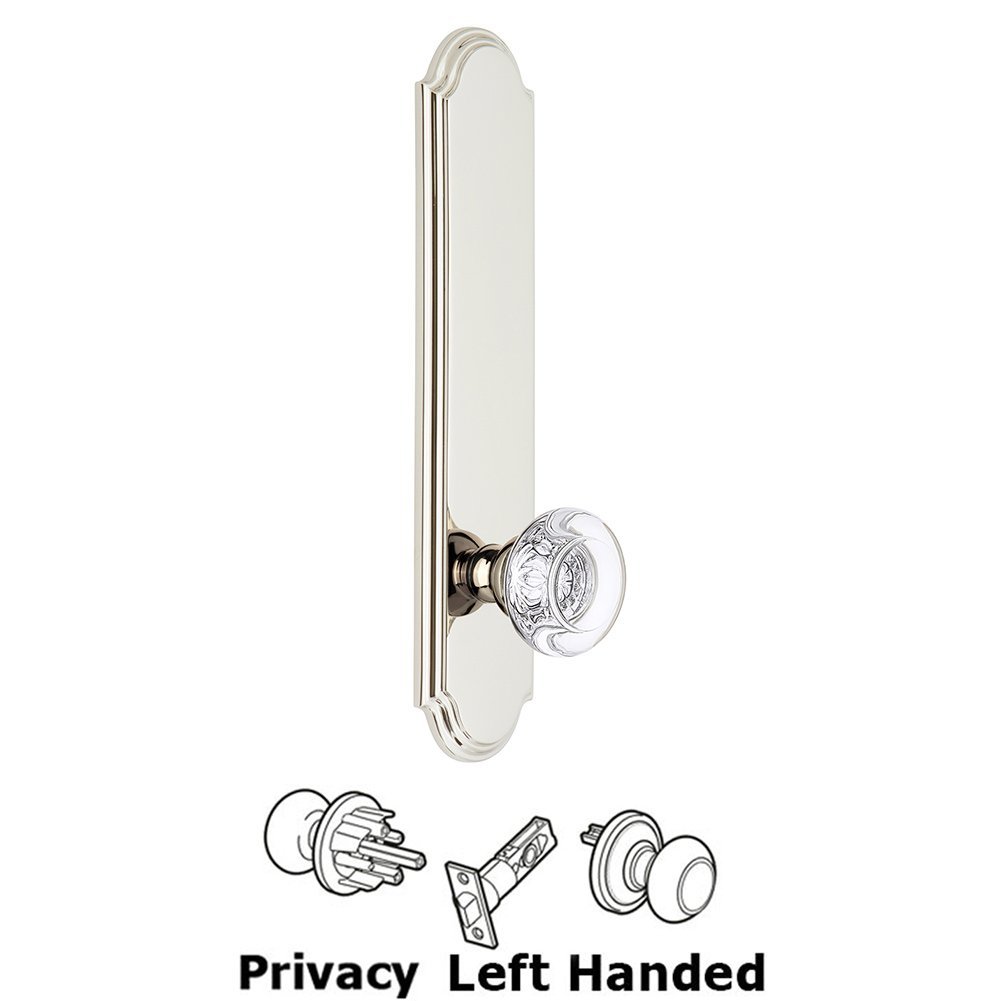 Grandeur Tall Plate Privacy with Bordeaux Left Handed Knob in Polished Nickel