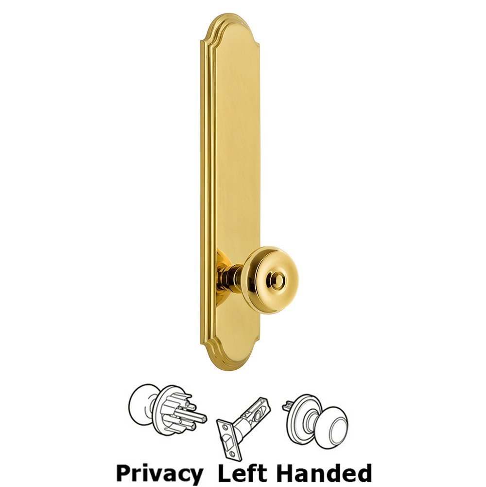 Grandeur Tall Plate Privacy with Bouton Left Handed Knob in Lifetime Brass