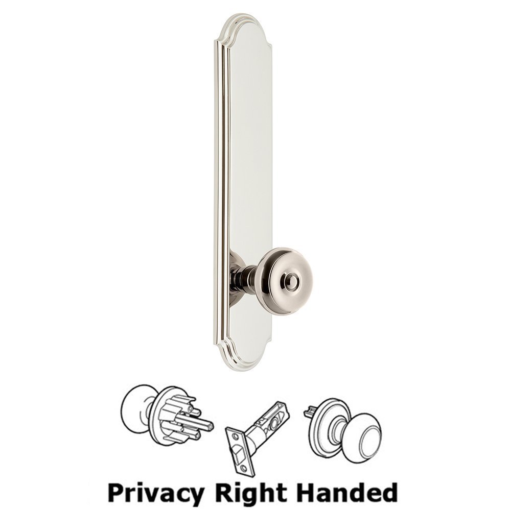 Grandeur Tall Plate Privacy with Bouton Right Handed Knob in Polished Nickel
