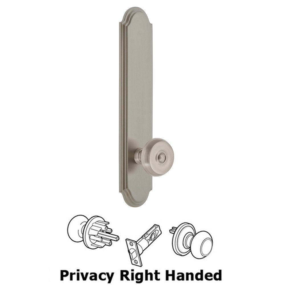Grandeur Tall Plate Privacy with Bouton Right Handed Knob in Satin Nickel