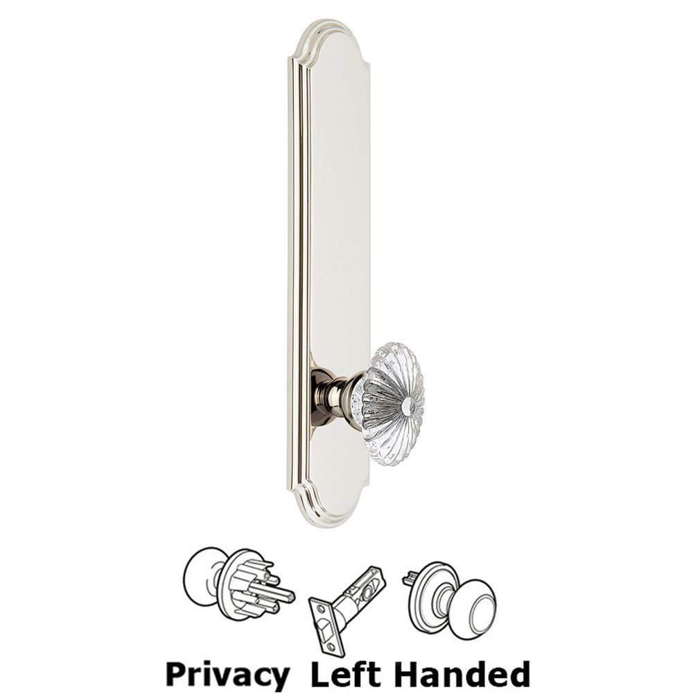 Grandeur Tall Plate Privacy with Burgundy Left Handed Knob in Polished Nickel