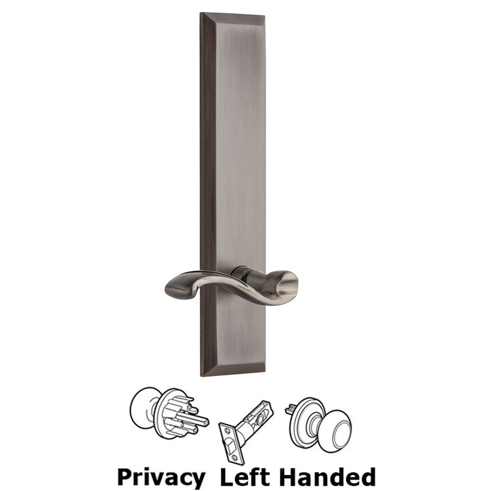 Grandeur Privacy Fifth Avenue Tall Plate with Portofino Left Handed Lever in Antique Pewter