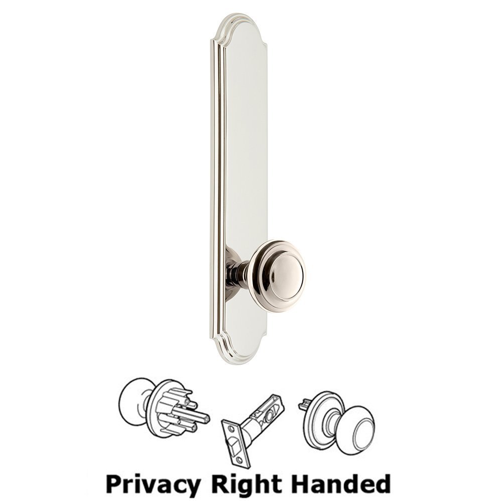 Grandeur Tall Plate Privacy with Circulaire Right Handed Knob in Polished Nickel