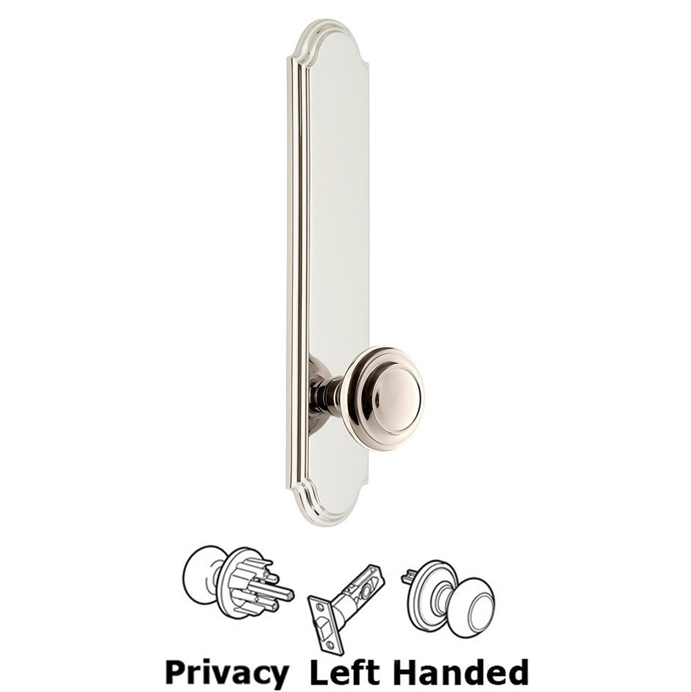 Grandeur Tall Plate Privacy with Circulaire Left Handed Knob in Polished Nickel
