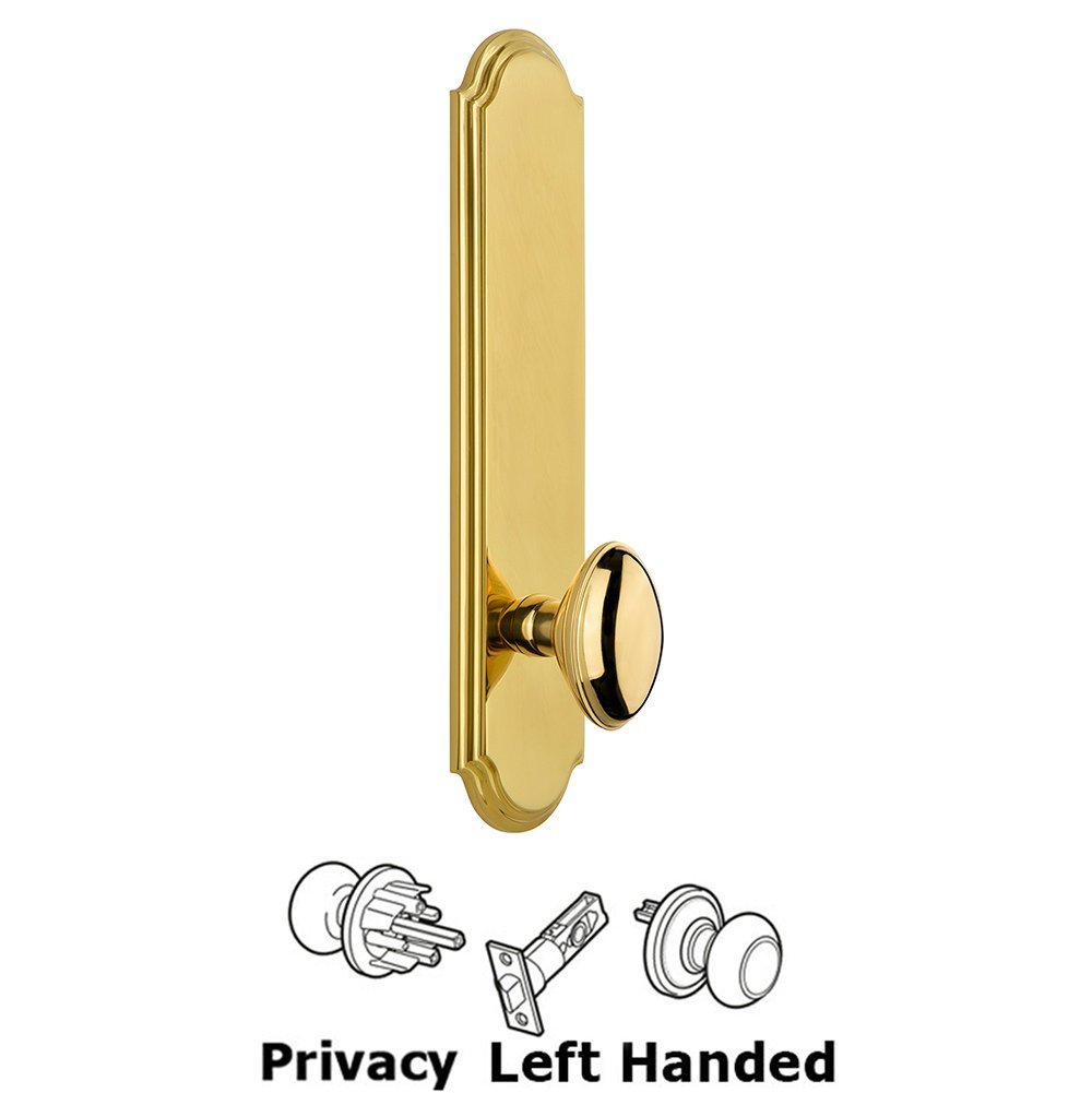 Grandeur Tall Plate Privacy with Eden Prairie Left Handed Knob in Lifetime Brass