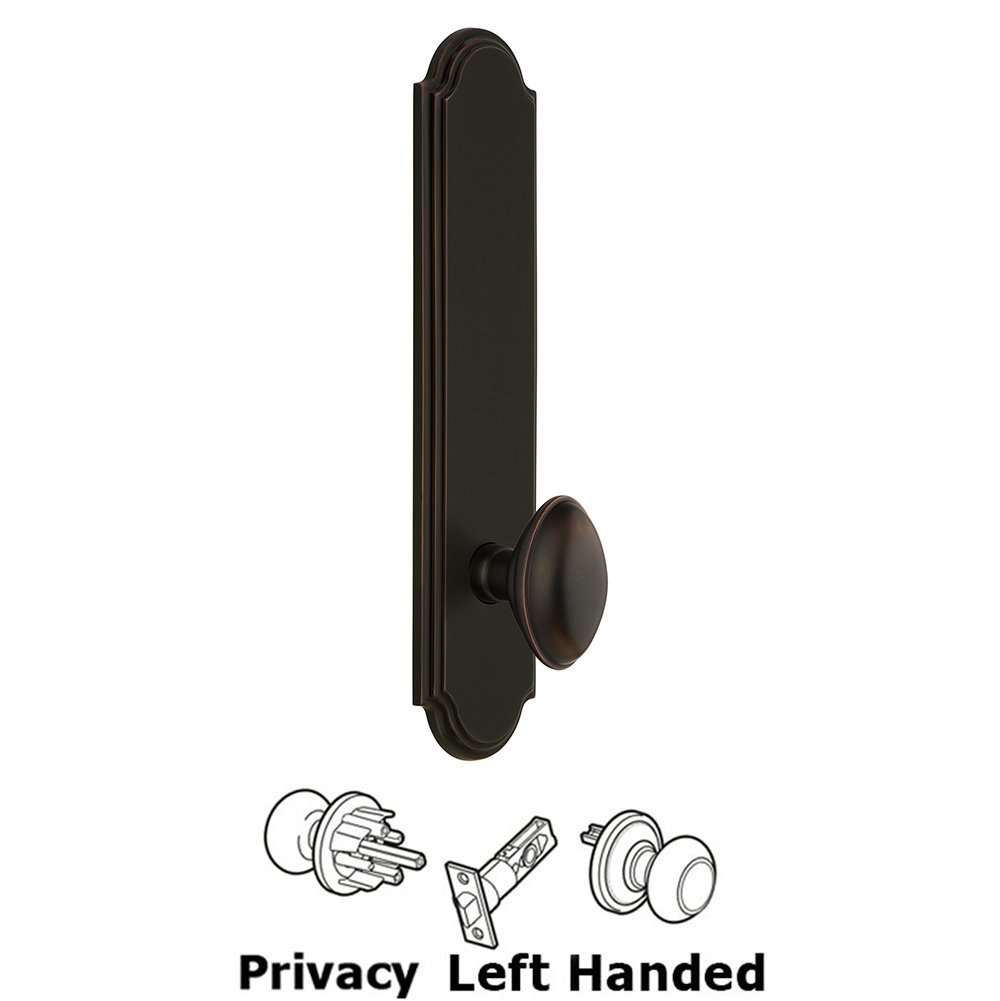 Grandeur Tall Plate Privacy with Eden Prairie Left Handed Knob in Timeless Bronze