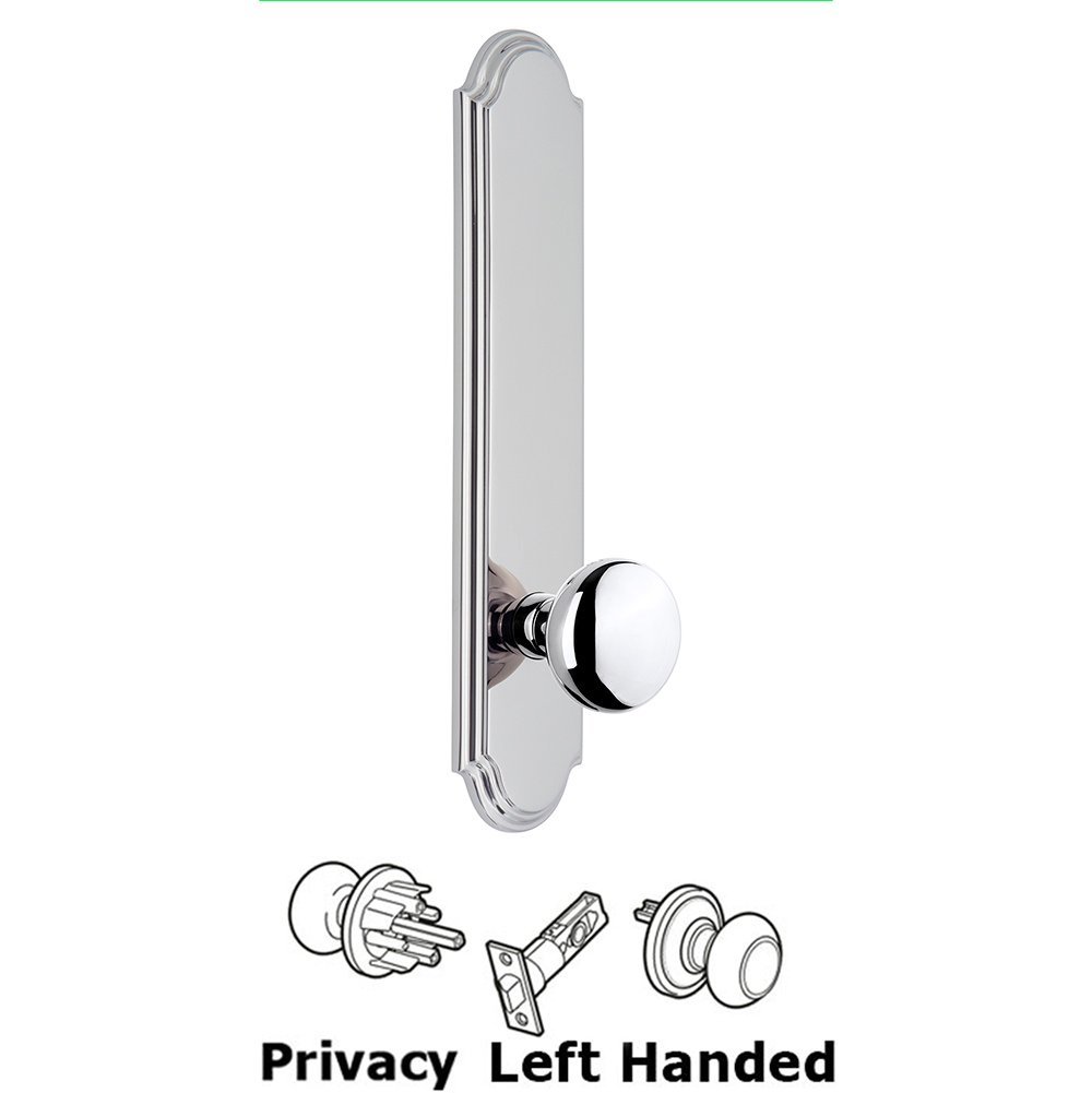 Grandeur Tall Plate Privacy with Fifth Avenue Left Handed Knob in Bright Chrome