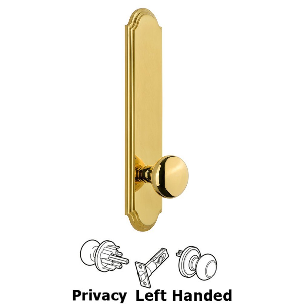 Grandeur Tall Plate Privacy with Fifth Avenue Left Handed Knob in Lifetime Brass