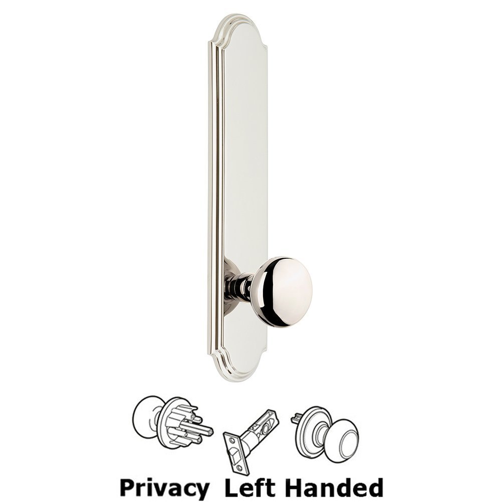 Grandeur Tall Plate Privacy with Fifth Avenue Left Handed Knob in Polished Nickel