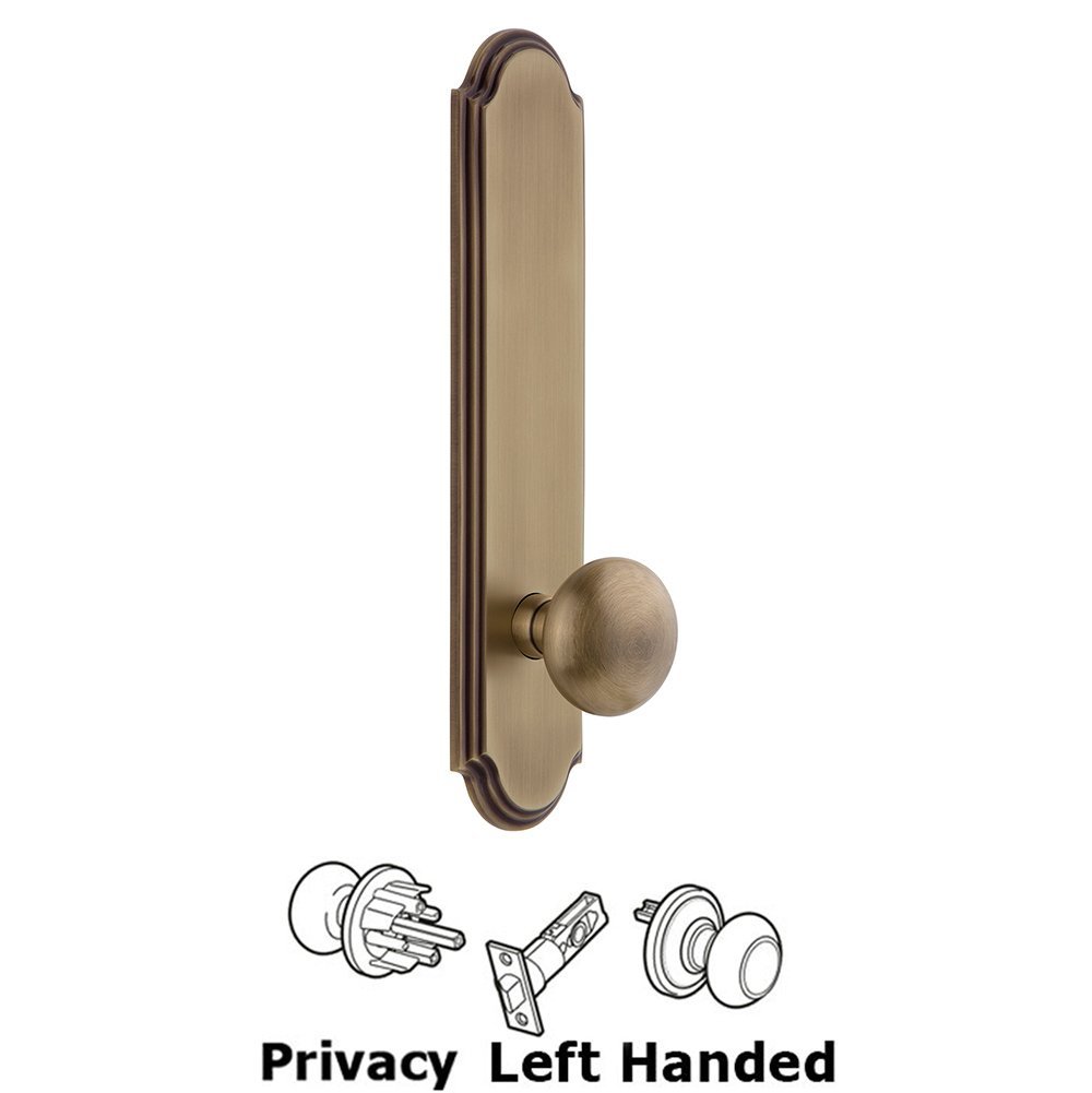 Grandeur Tall Plate Privacy with Fifth Avenue Left Handed Knob in Vintage Brass