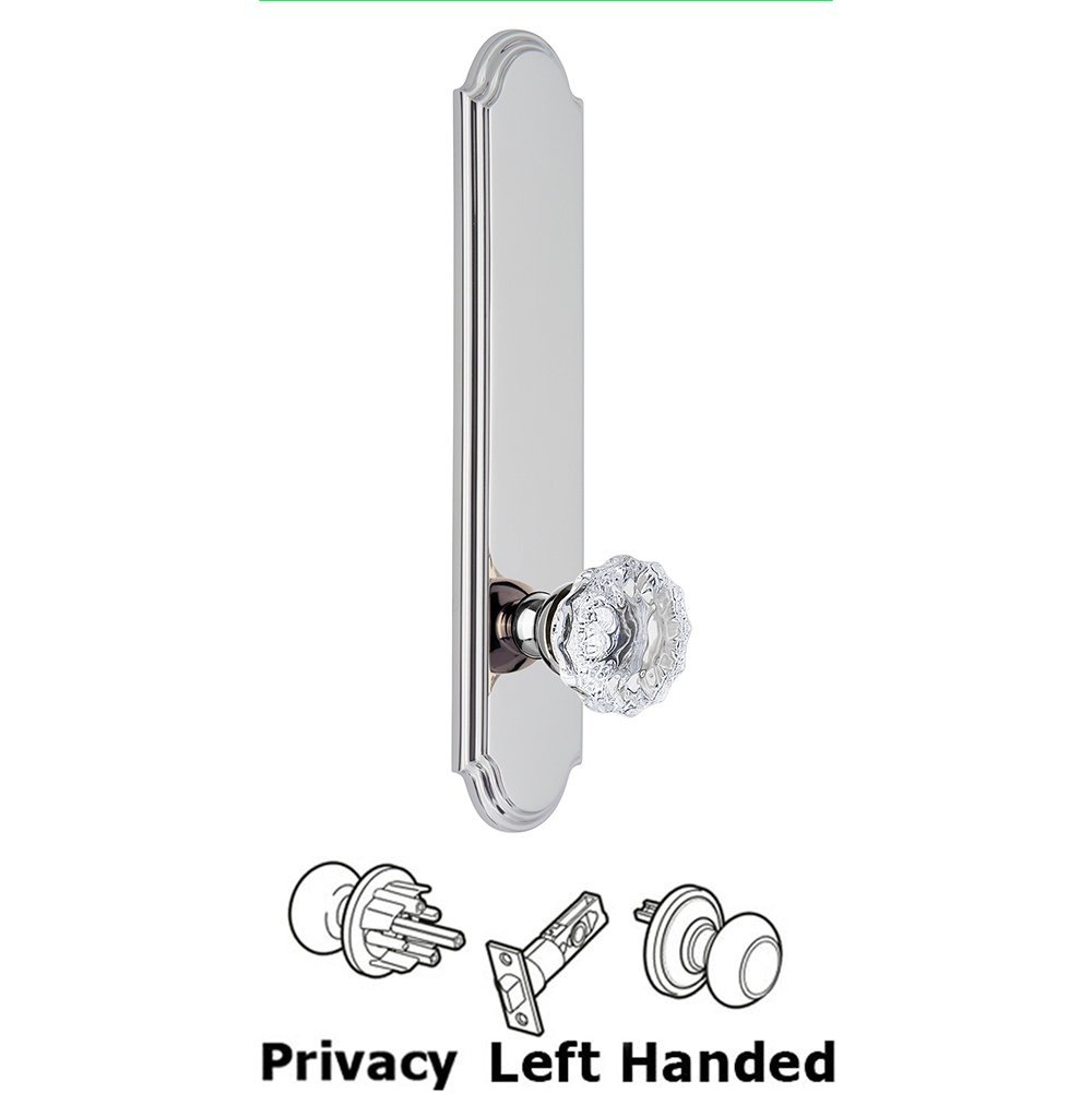 Grandeur Tall Plate Privacy with Fontainebleau Left Handed Knob in Bright Chrome