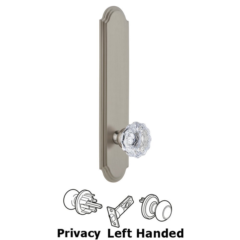 Grandeur Tall Plate Privacy with Fontainebleau Left Handed Knob in Satin Nickel