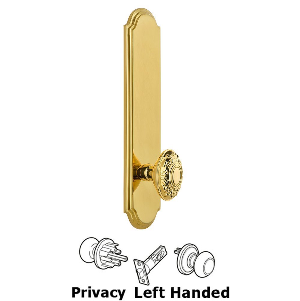 Grandeur Tall Plate Privacy with Grande Victorian Left Handed Knob in Polished Brass