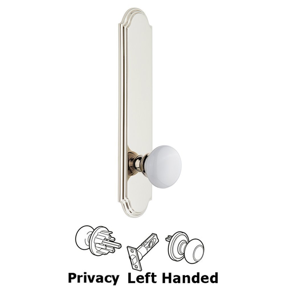 Grandeur Tall Plate Privacy with Hyde Park Left Handed Knob in Polished Nickel