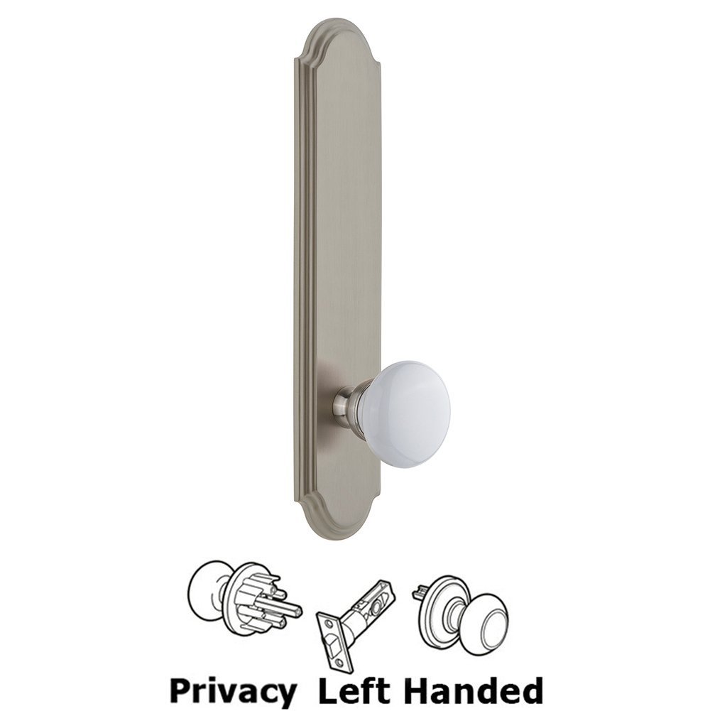 Grandeur Tall Plate Privacy with Hyde Park Left Handed Knob in Satin Nickel
