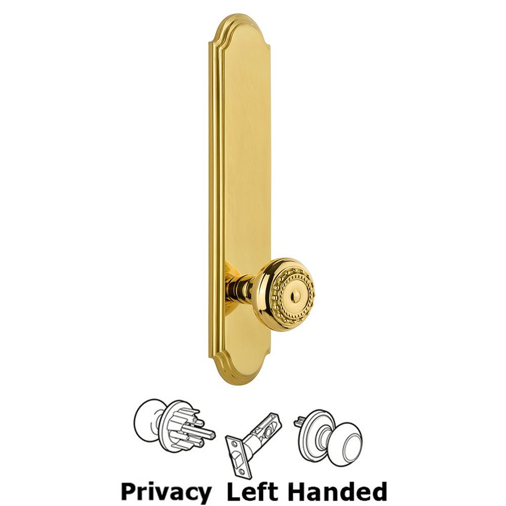 Grandeur Tall Plate Privacy with Parthenon Left Handed Knob in Polished Brass