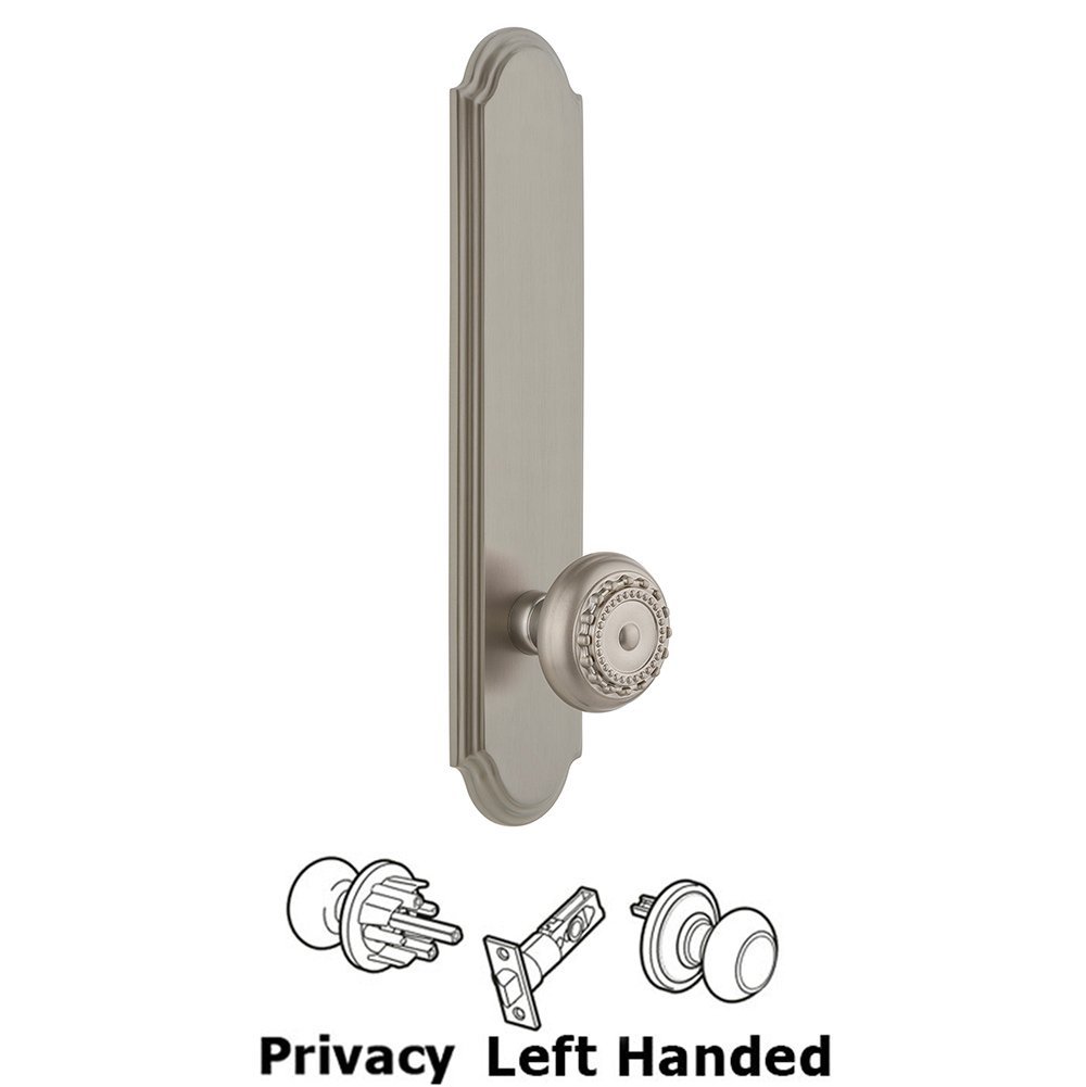 Grandeur Tall Plate Privacy with Parthenon Left Handed Knob in Satin Nickel