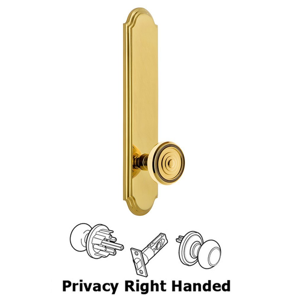 Grandeur Tall Plate Privacy with Soleil Right Handed Knob in Lifetime Brass