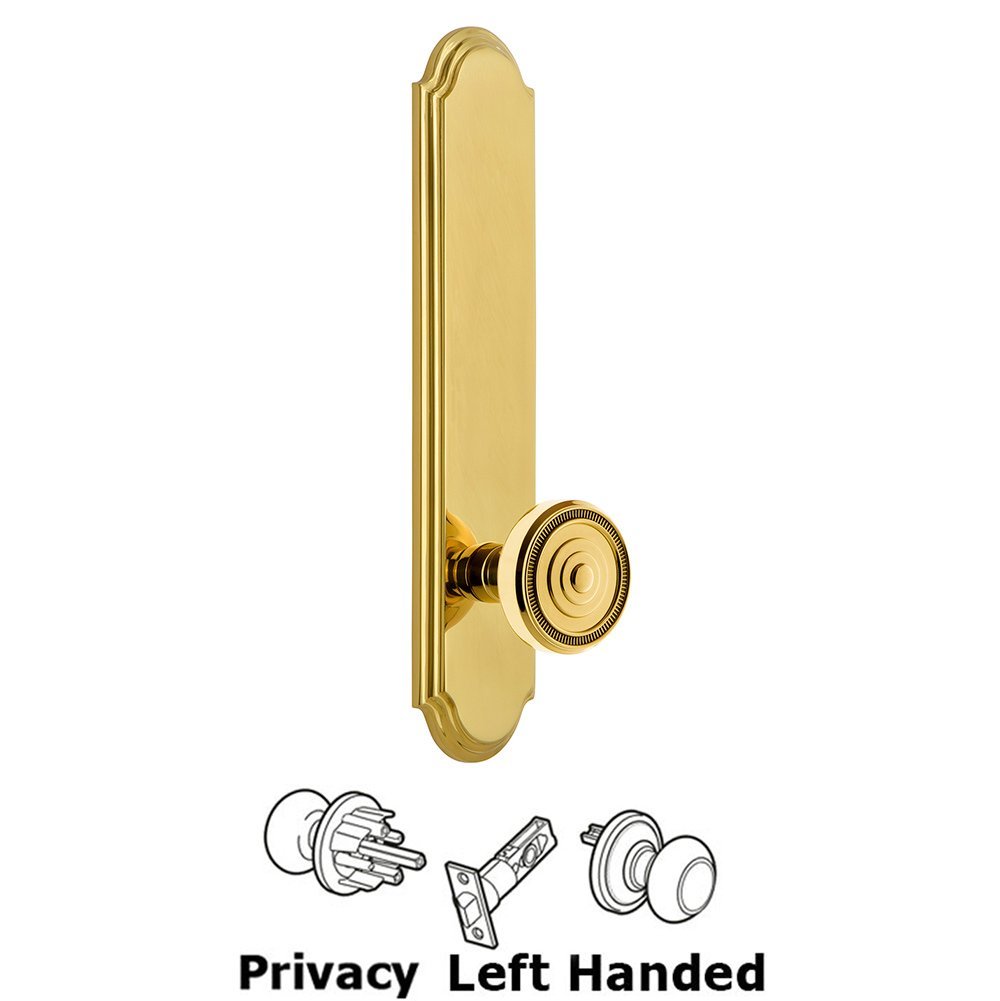 Grandeur Tall Plate Privacy with Soleil Left Handed Knob in Lifetime Brass