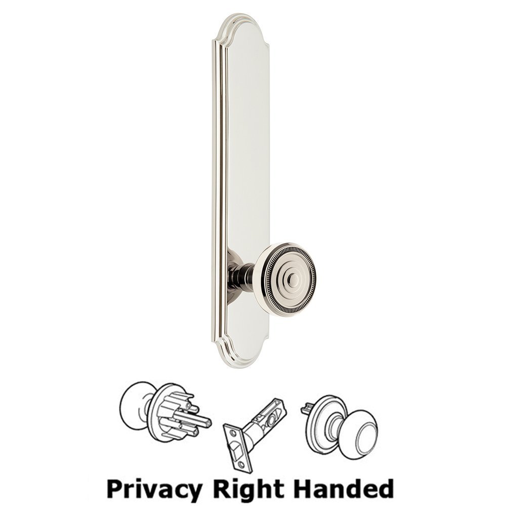 Grandeur Tall Plate Privacy with Soleil Right Handed Knob in Polished Nickel