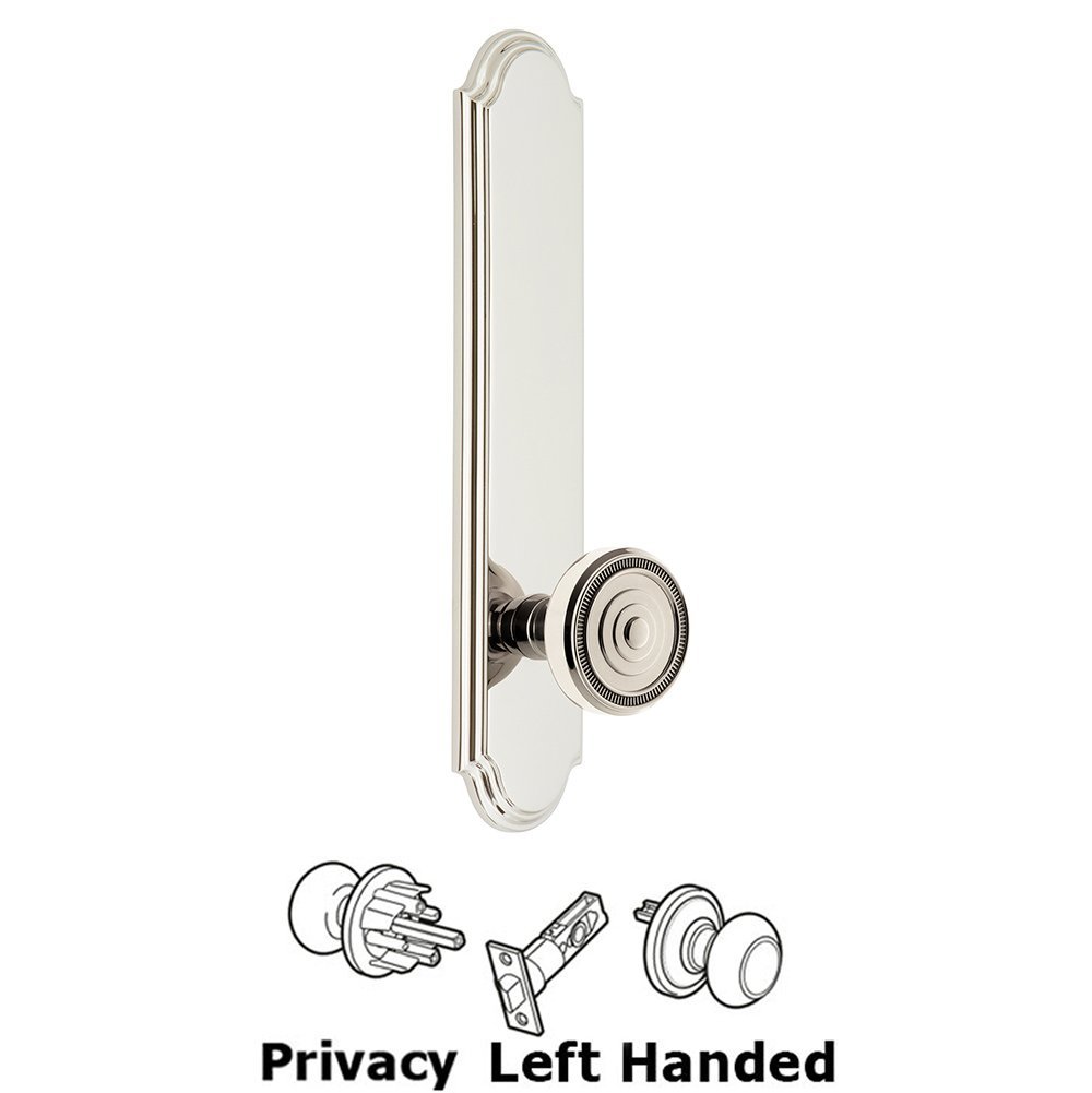 Grandeur Tall Plate Privacy with Soleil Left Handed Knob in Polished Nickel