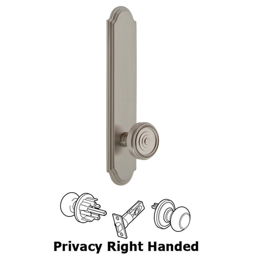 Grandeur Tall Plate Privacy with Soleil Right Handed Knob in Satin Nickel