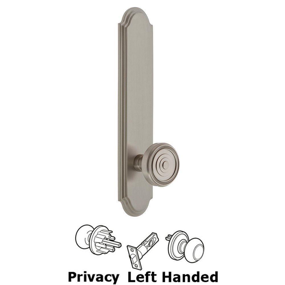 Grandeur Tall Plate Privacy with Soleil Left Handed Knob in Satin Nickel