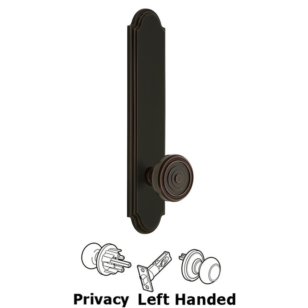 Grandeur Tall Plate Privacy with Soleil Left Handed Knob in Timeless Bronze
