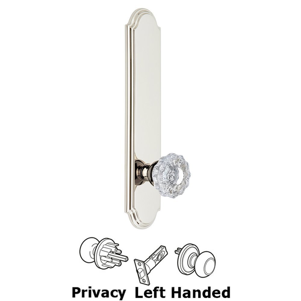 Grandeur Tall Plate Privacy with Versailles Left Handed Knob in Polished Nickel