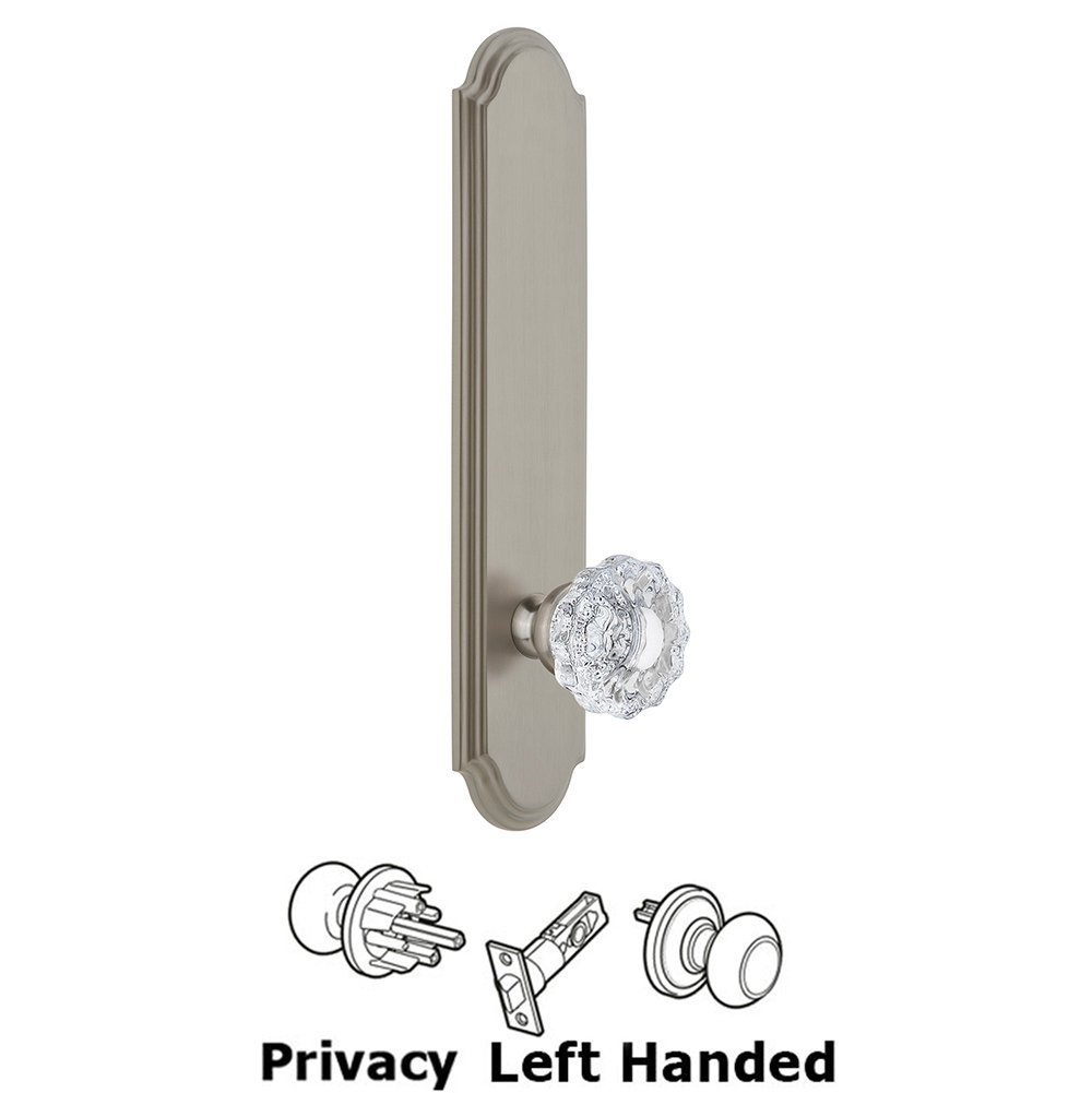 Grandeur Tall Plate Privacy with Versailles Left Handed Knob in Satin Nickel