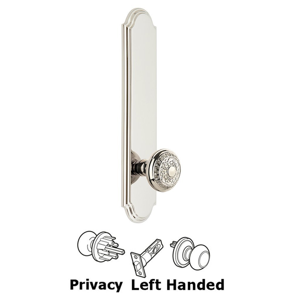 Grandeur Tall Plate Privacy with Windsor Left Handed Knob in Polished Nickel