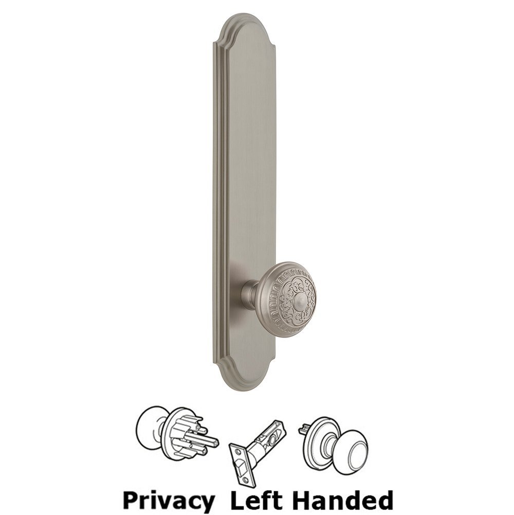 Grandeur Tall Plate Privacy with Windsor Left Handed Knob in Satin Nickel